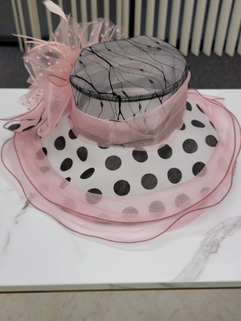 Elegant Pink Polka Dot Floral Derby Hat